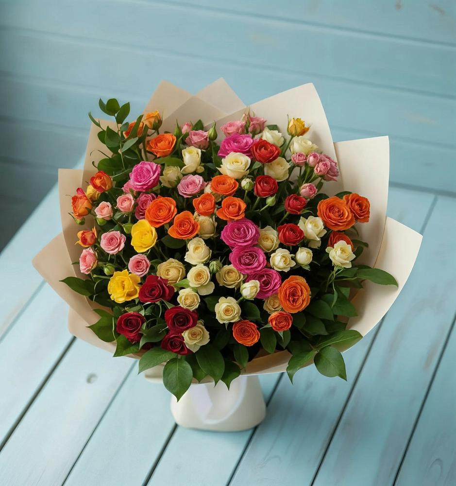 Букет Микс из разноцветных кустовых роз в Лесной Кировской области